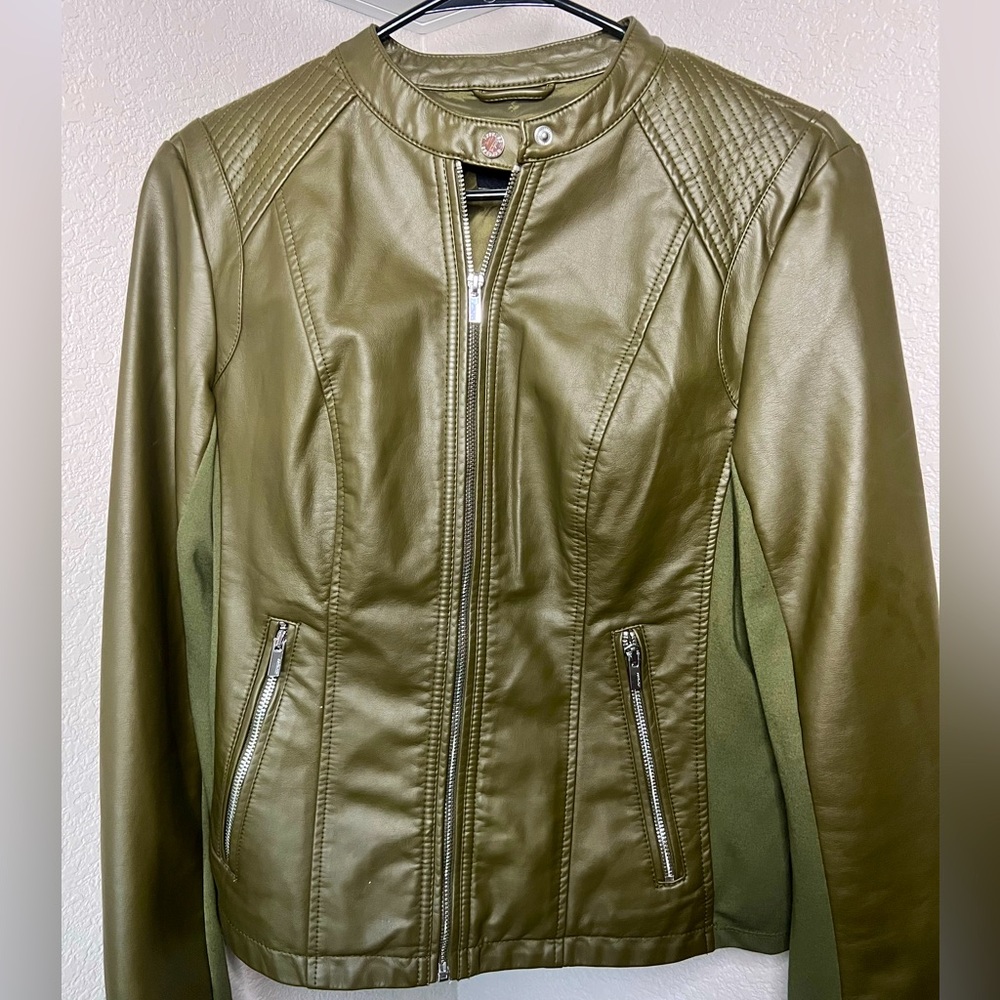 Olive green vegan leather moto jacket- Express